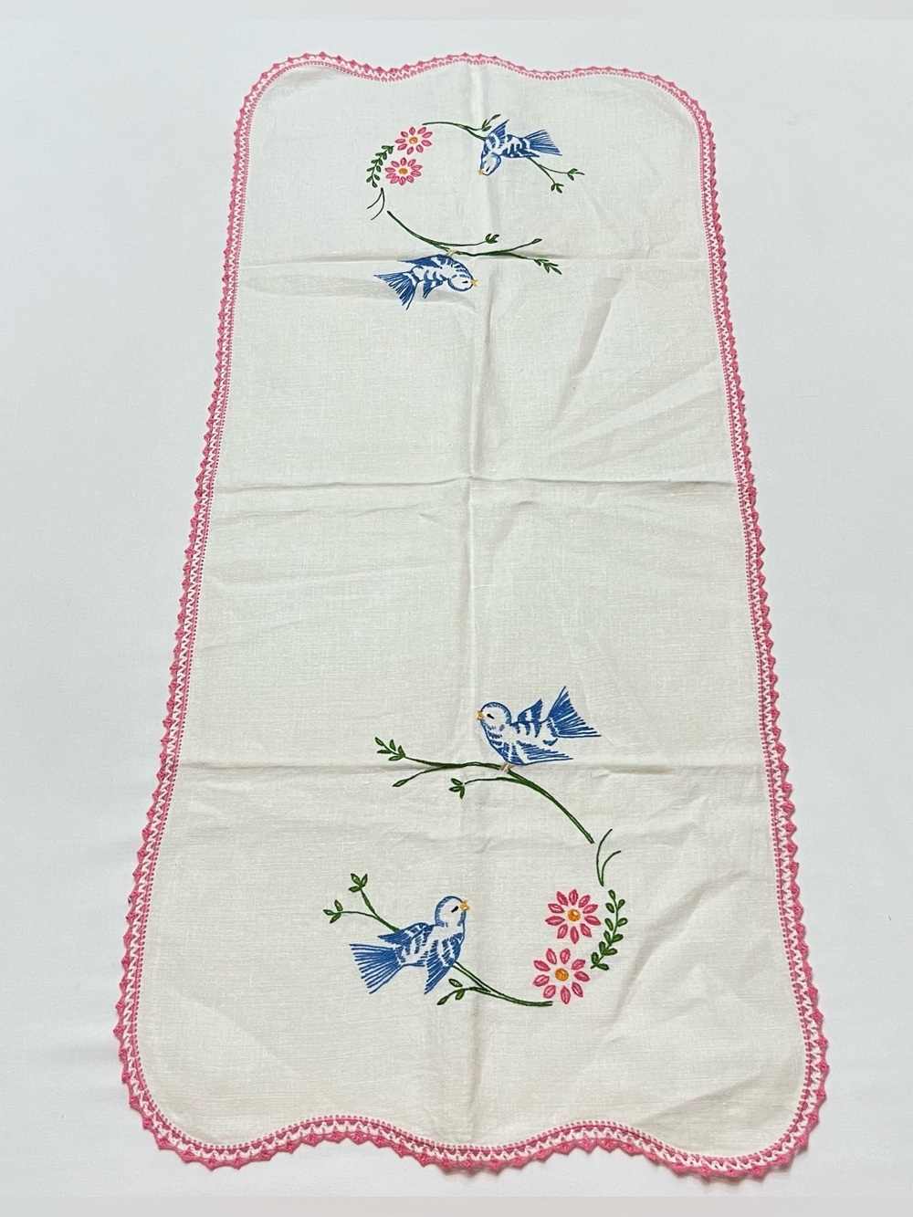 Vintage Hand Embroidered Table Runner Blue Bird Pink Floral MCM Cottagecore